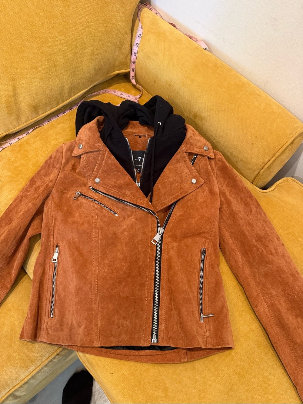 7 For All Mankind Rust Suede Moto Jacket with Black Hooded Lining Sz M